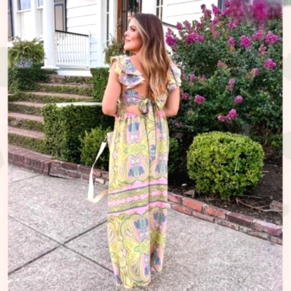 Nwt A loves A Ruffle Cap Sleeve Tie Back Flowy Yellow/Pink/Blue Floral Maxidress - Picture 10 of 17